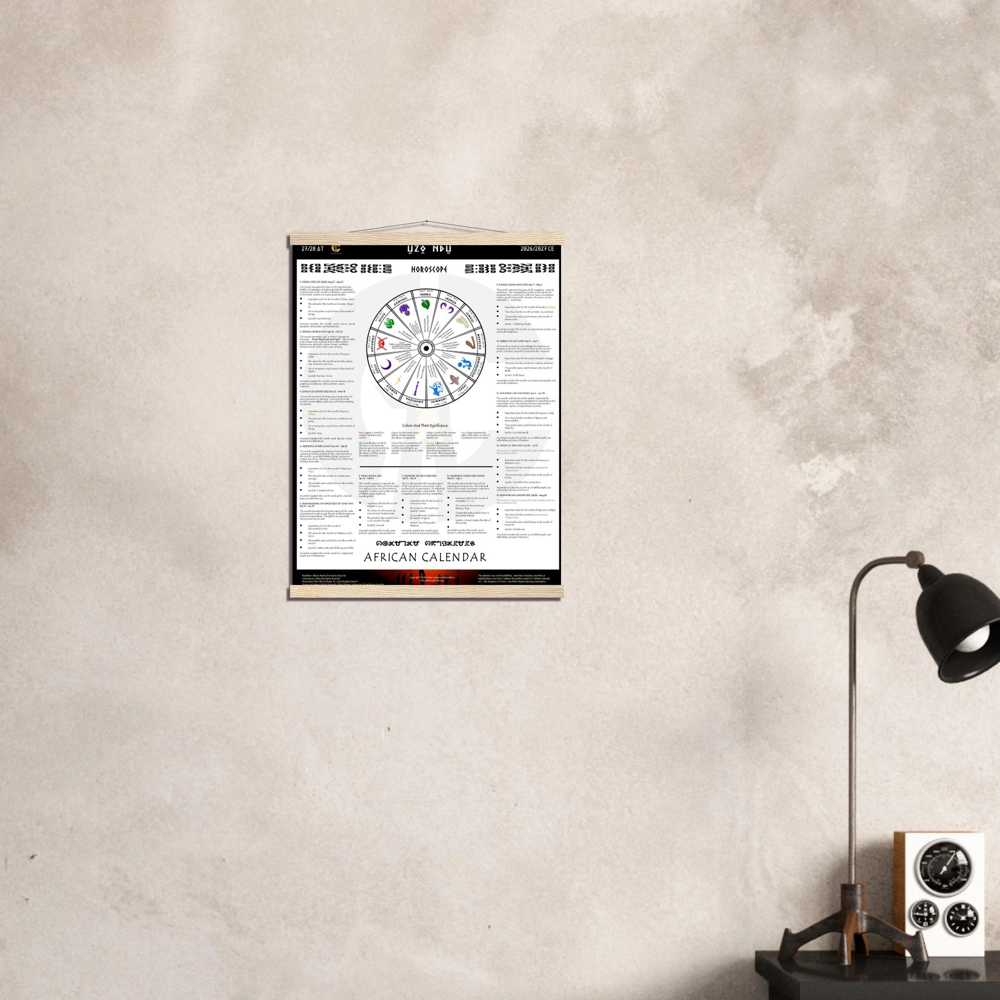 African calendar horoscope with astrological symbols and text on a white background