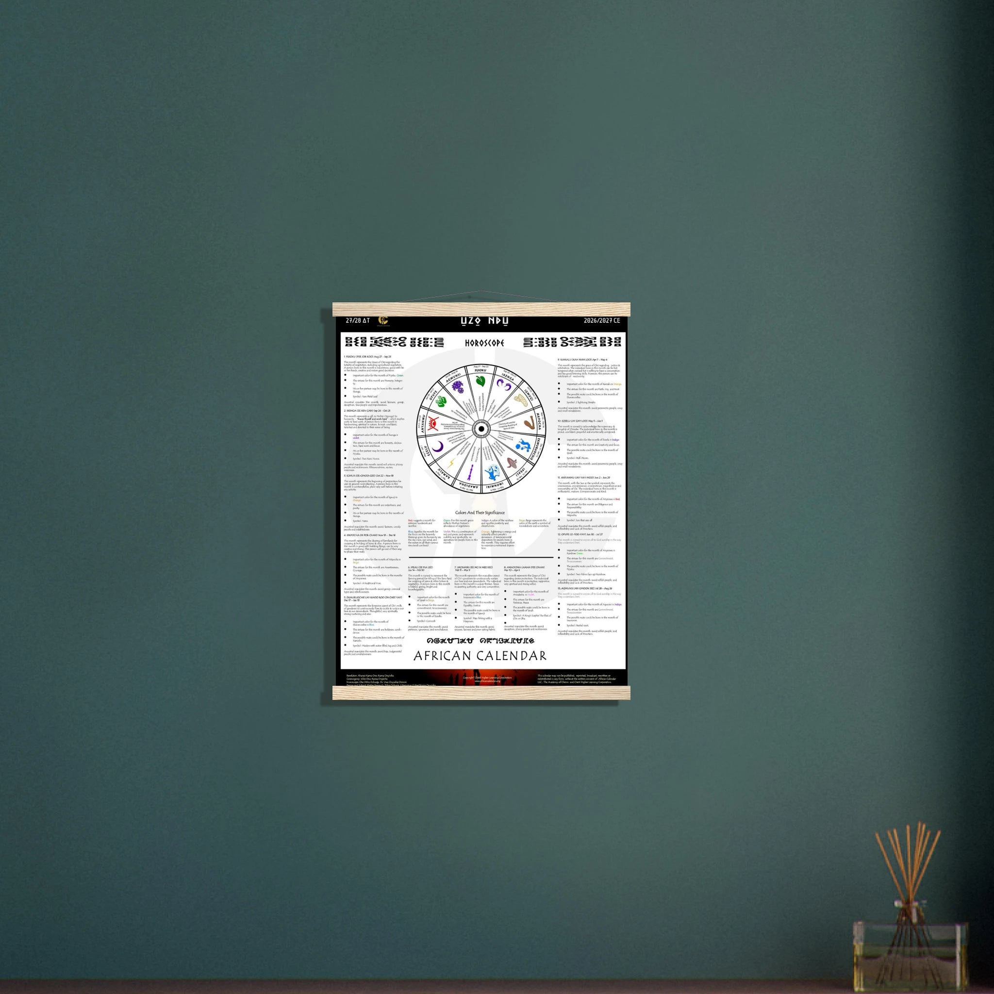 African calendar horoscope with astrological symbols and text on a white background