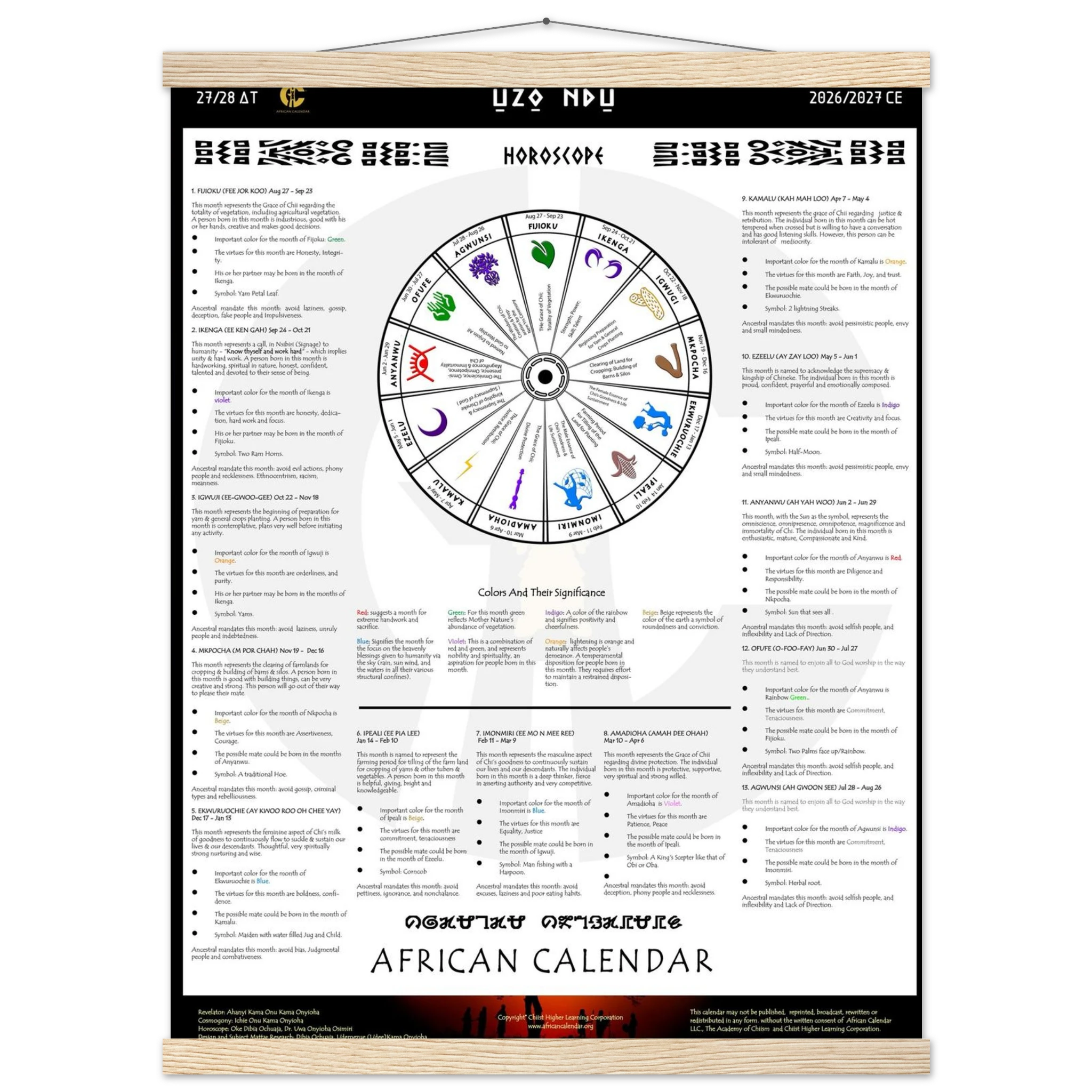 African calendar horoscope with astrological symbols and text on a white background