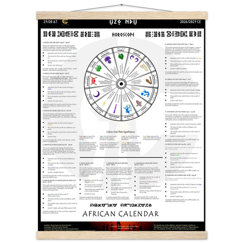 African calendar horoscope with astrological symbols and text on a white background