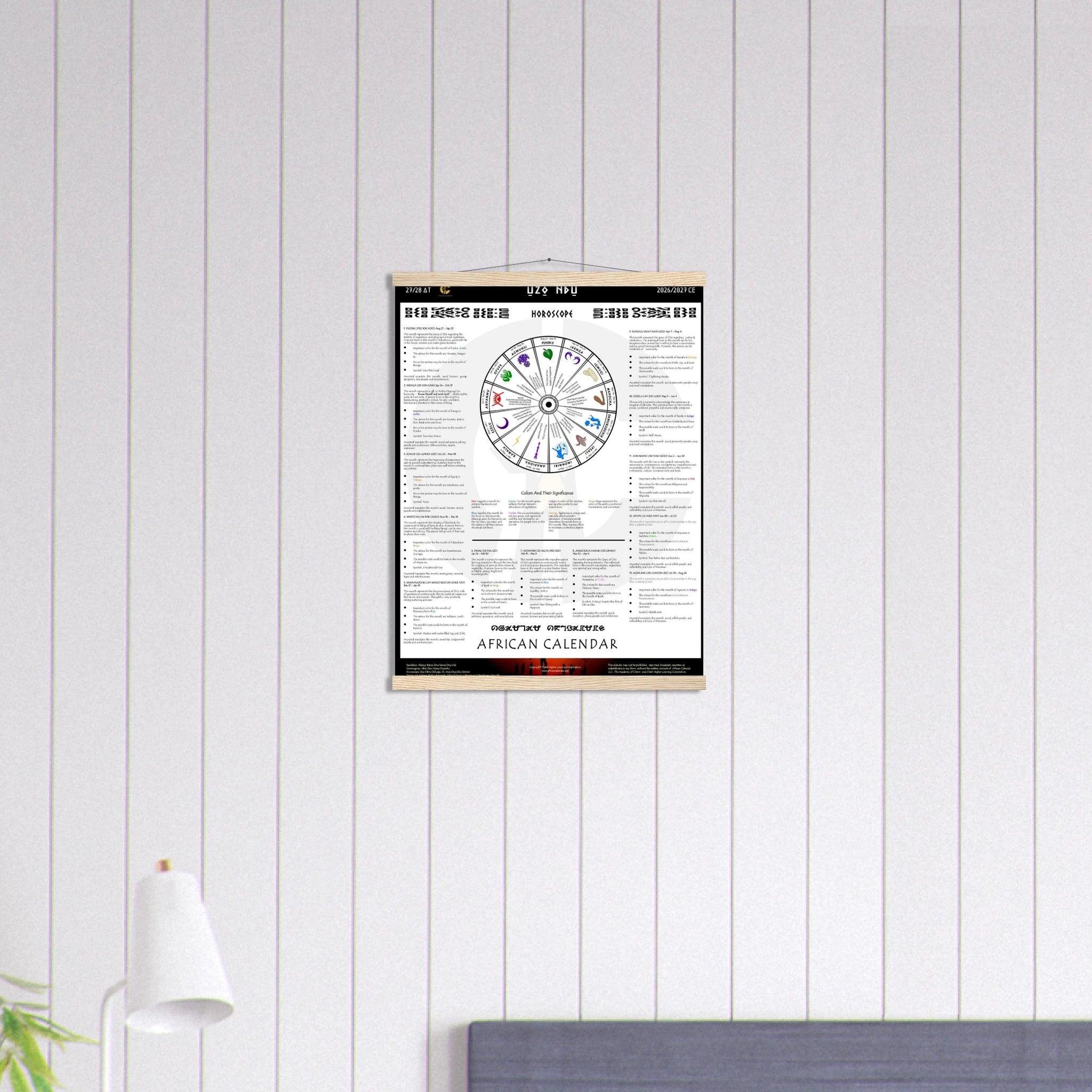 African calendar horoscope with astrological symbols and text on a white background